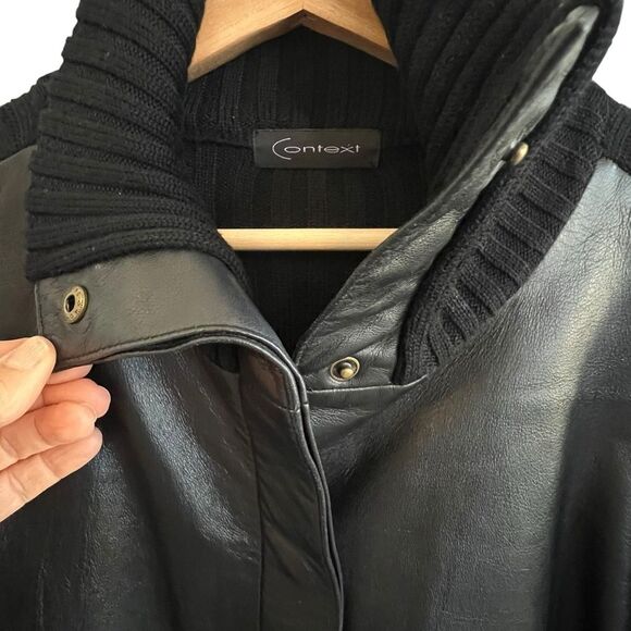 Context Womens Black Leather Wool Knit Cardigan Jacket Sz L Black Y2K Minimalist - Picture 4 of 11